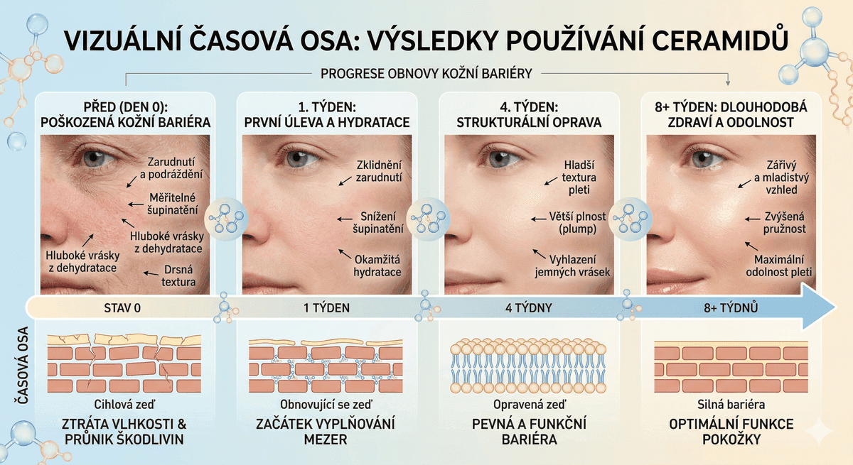 Časová osa výsledků použití ceramidů na pokožce