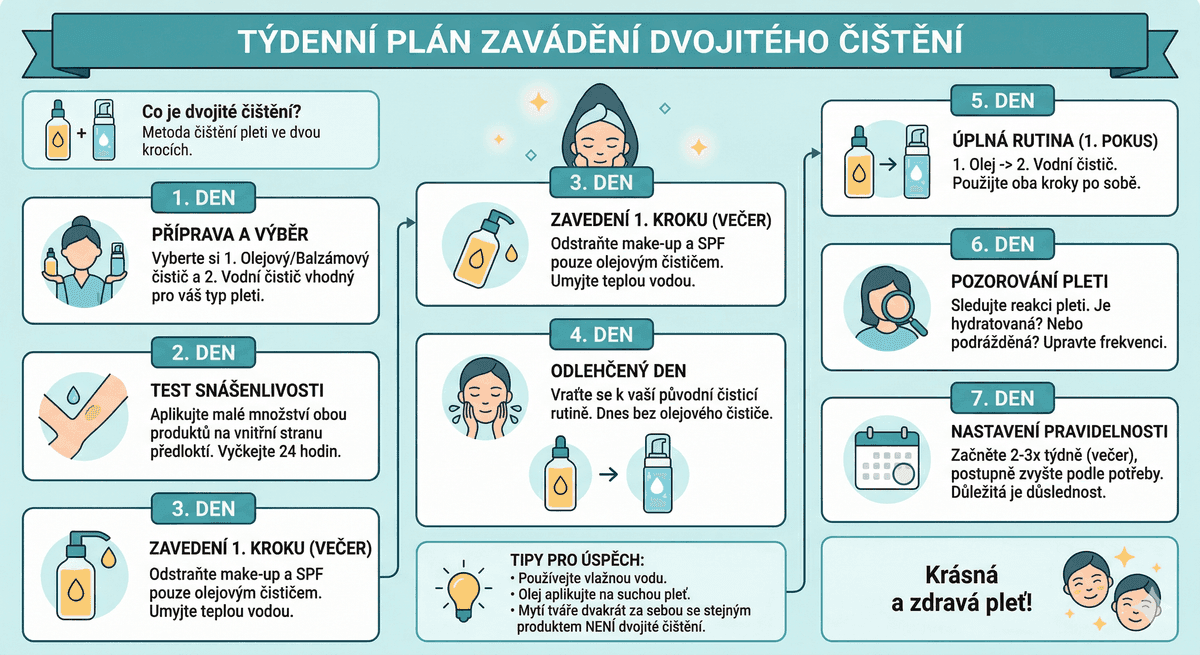 Infografika s časovým harmonogramem zavádění double cleansing