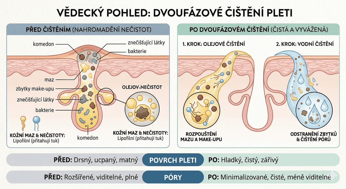 Srovnání pleti před a po dvojitém čištění pod mikroskopem