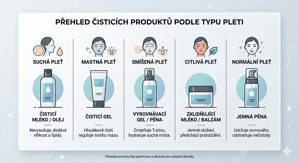 Různé typy čisticích olejů a gelů seřazené podle typu pleti