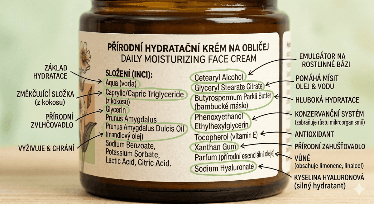 Etiketa hydratačního krému s vyznačenými složkami INCI a popisem, co která dělá
