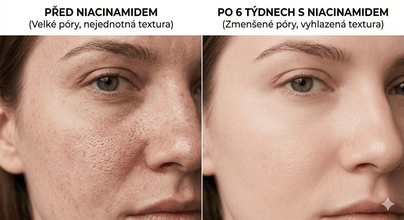 Detail kůže před a po použití niacinamidu, rozdíl ve velikosti pórů