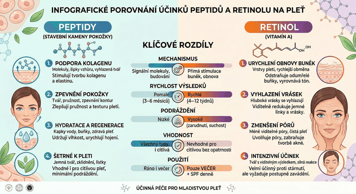 Porovnání účinků peptidů a retinolu na pokožce