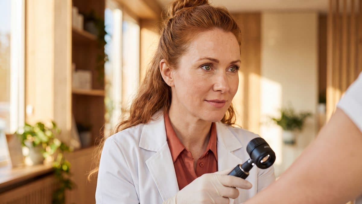 Dermatoložka prohlíží kůži pacienta dermatoskopem