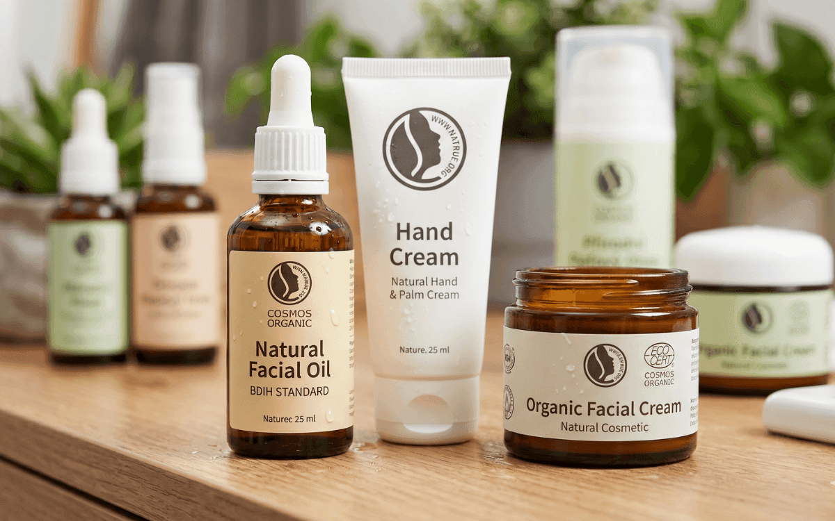 Přehled ekologických certifikací v kosmetice Různé typy ekologických certifikátů na kosmetice – loga Cosmos Organic, Ecocert a NATRUE na produktech