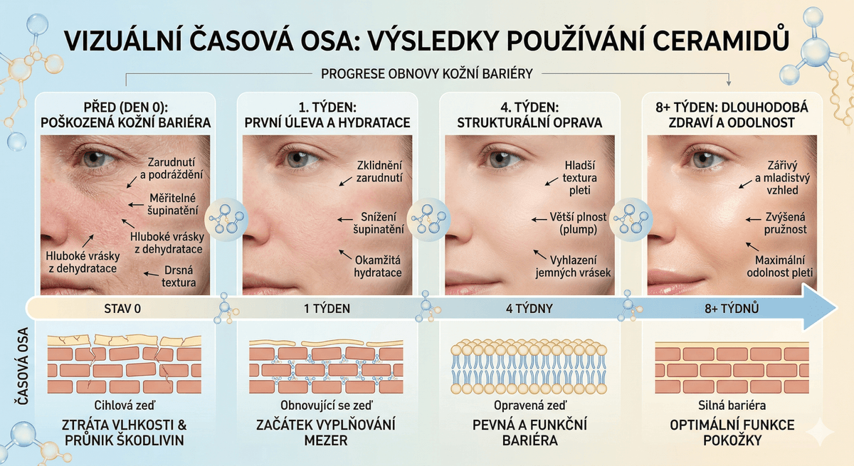 Výsledky ceramidů v čase Časová osa výsledků použití ceramidů na pokožce