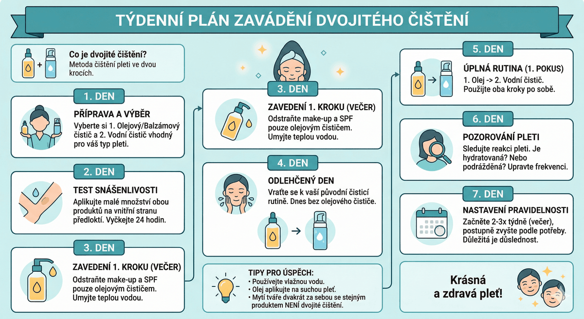 Postup zavádění dvojitého čištění podle typu pleti PLACEHOLDER: Infografika s časovým harmonogramem zavádění double cleansing