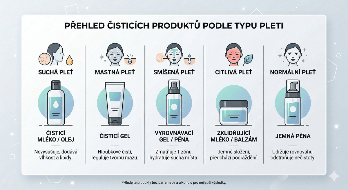 Výběr čisticích produktů podle typu pleti PLACEHOLDER: Různé typy čisticích olejů a gelů seřazené podle typu pleti