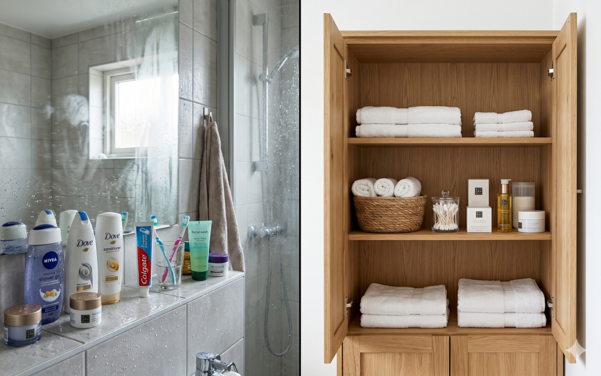 Správné vs. špatné skladování kosmetiky Přehledná fotka ukazující správné vs. špatné skladování kosmetiky – koupelna vs. suchá skříňka