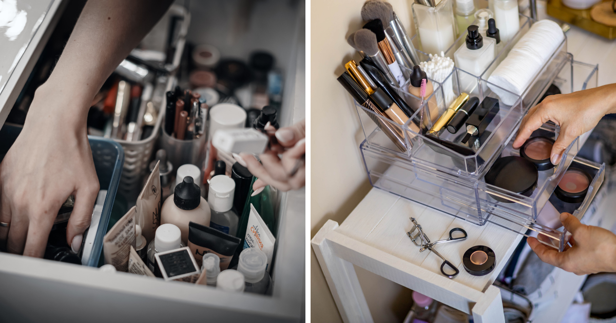 Transformace koupelny po jarním auditu Přehledně uspořádaná koupelna před a po jarním auditu kosmetiky