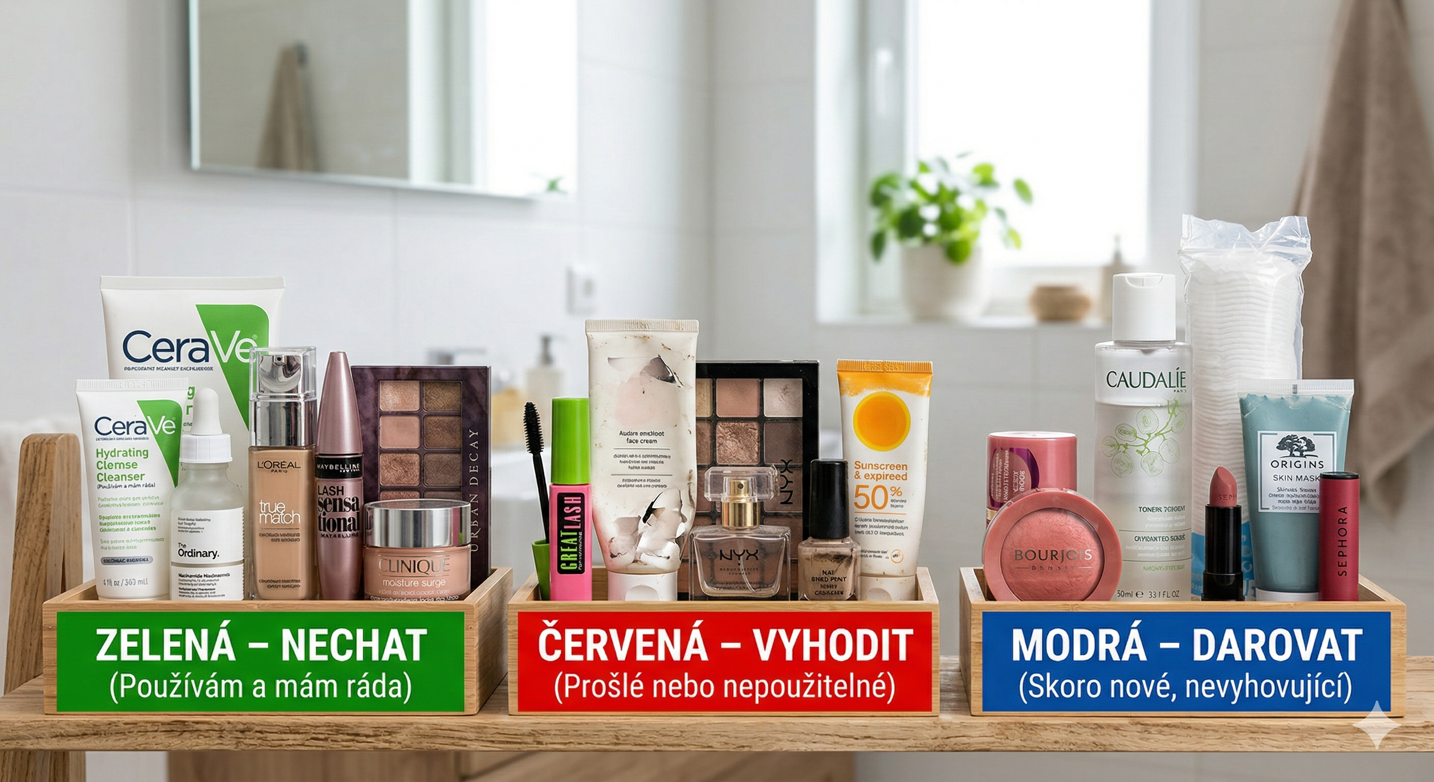 Třídění produktů během jarního auditu Tři kategorie produktů při auditu - nechat, vyhodit, darovat