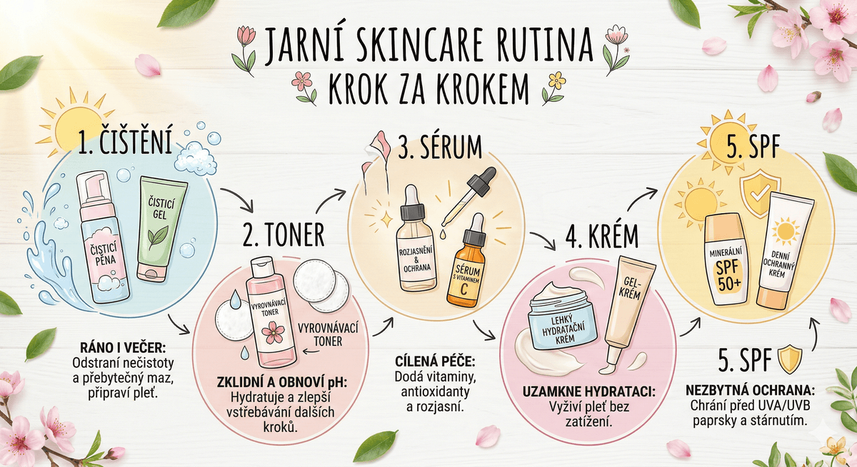 Přehled jarní skincare rutiny – jednotlivé kroky s produkty na světlém pozadí