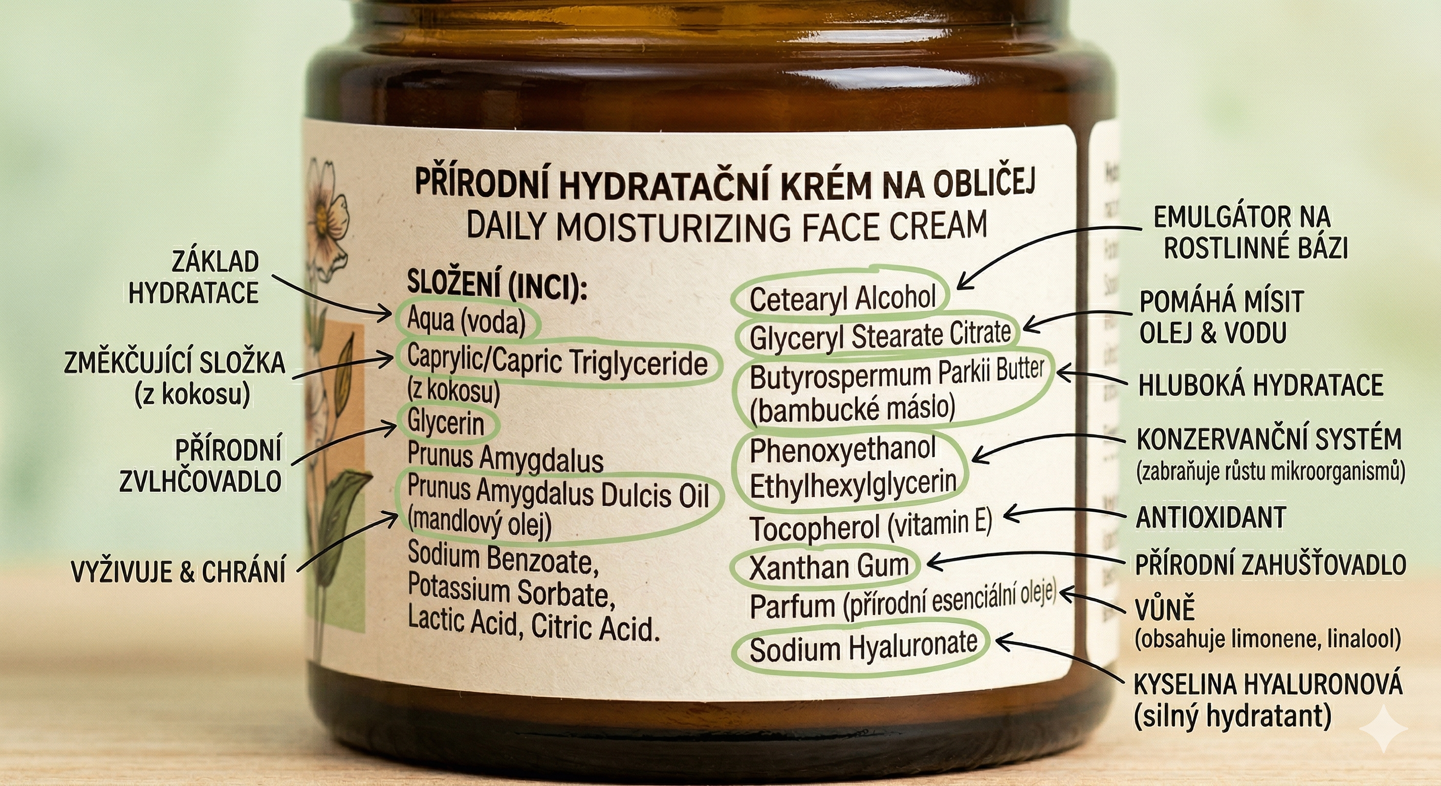 Jak číst INCI seznam na krému PLACEHOLDER: Detail INCI seznamu na kosmetickém krému s vyznačenými klíčovými ingrediencemi pro různé typy pleti
