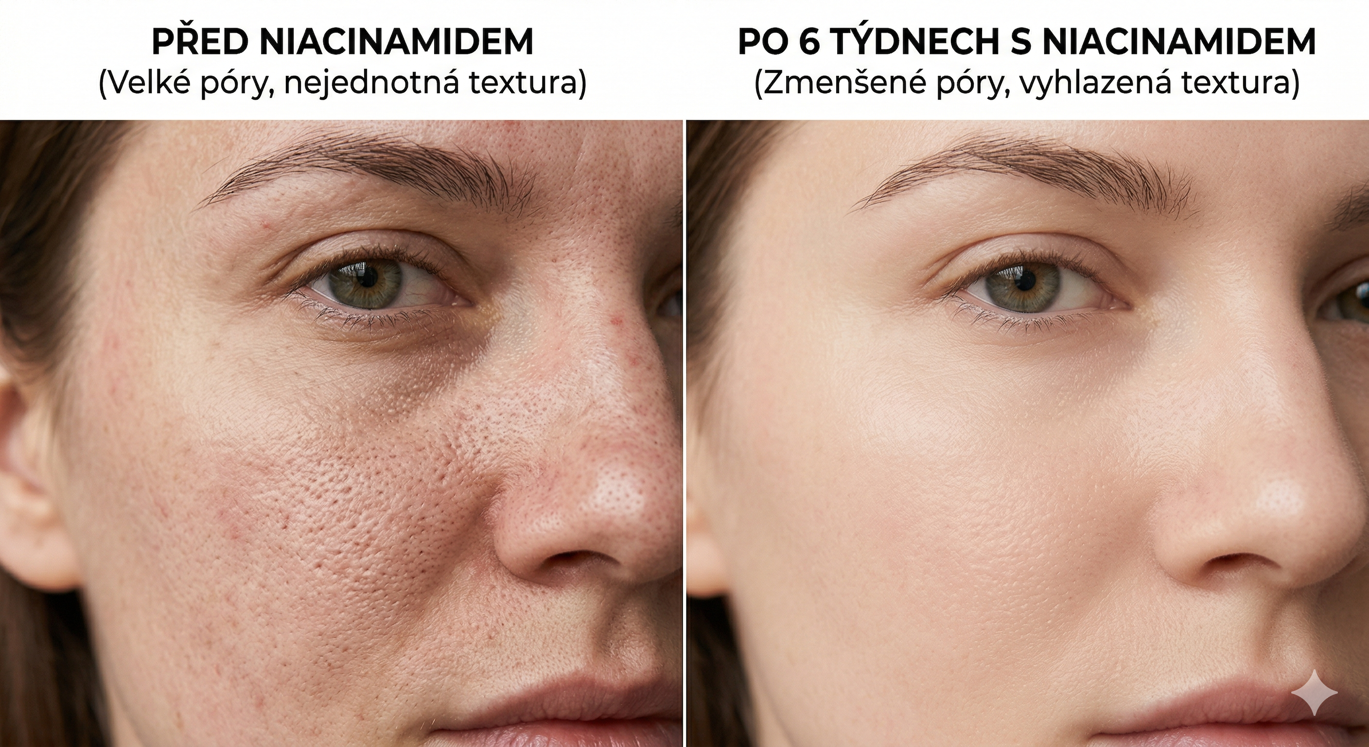 Redukce pórů po 8 týdnech používání niacinamidu Detail kůže před a po použití niacinamidu, rozdíl ve velikosti pórů