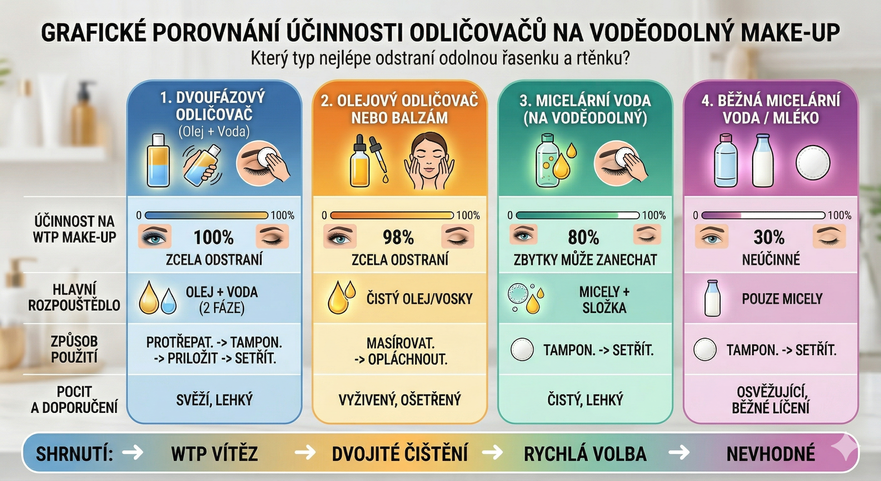 Účinnost různých odličovačů Porovnání účinnosti různých typů odličovačů na voděodolný make-up