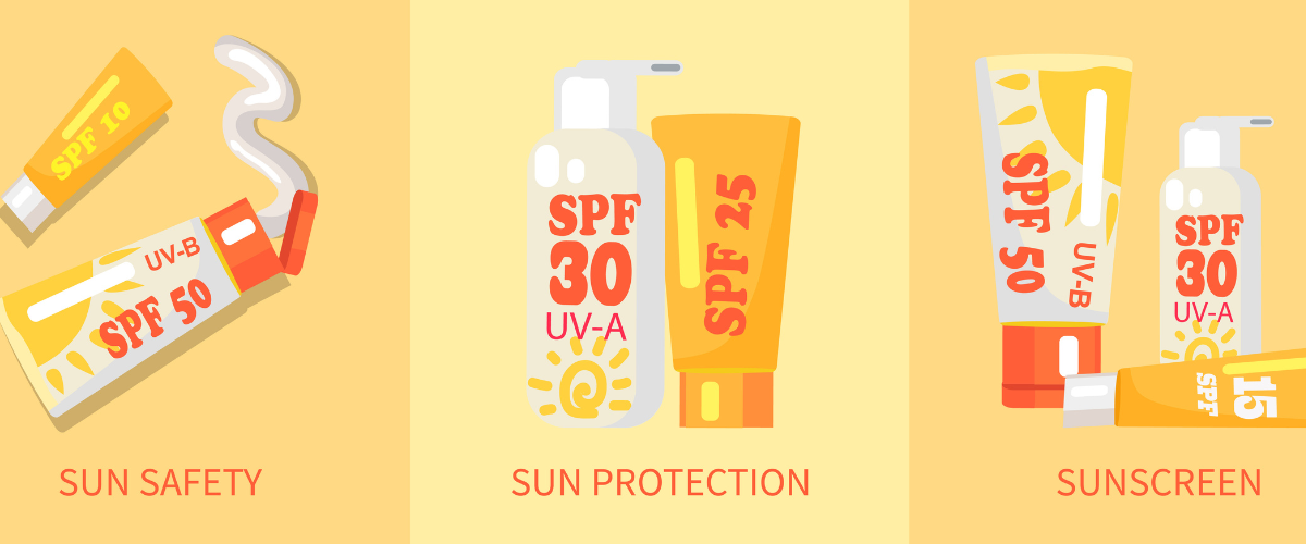 Různé typy opalovacích krémů SPF – fluid, krém, sprej a tyčinka vedle sebe