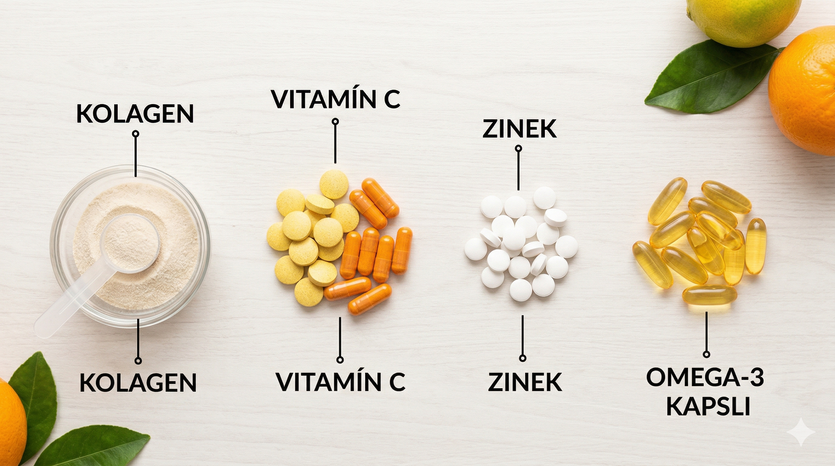 Přehled doplňků stravy na pleť – kolagen, vitamíny, zinek a omega-3